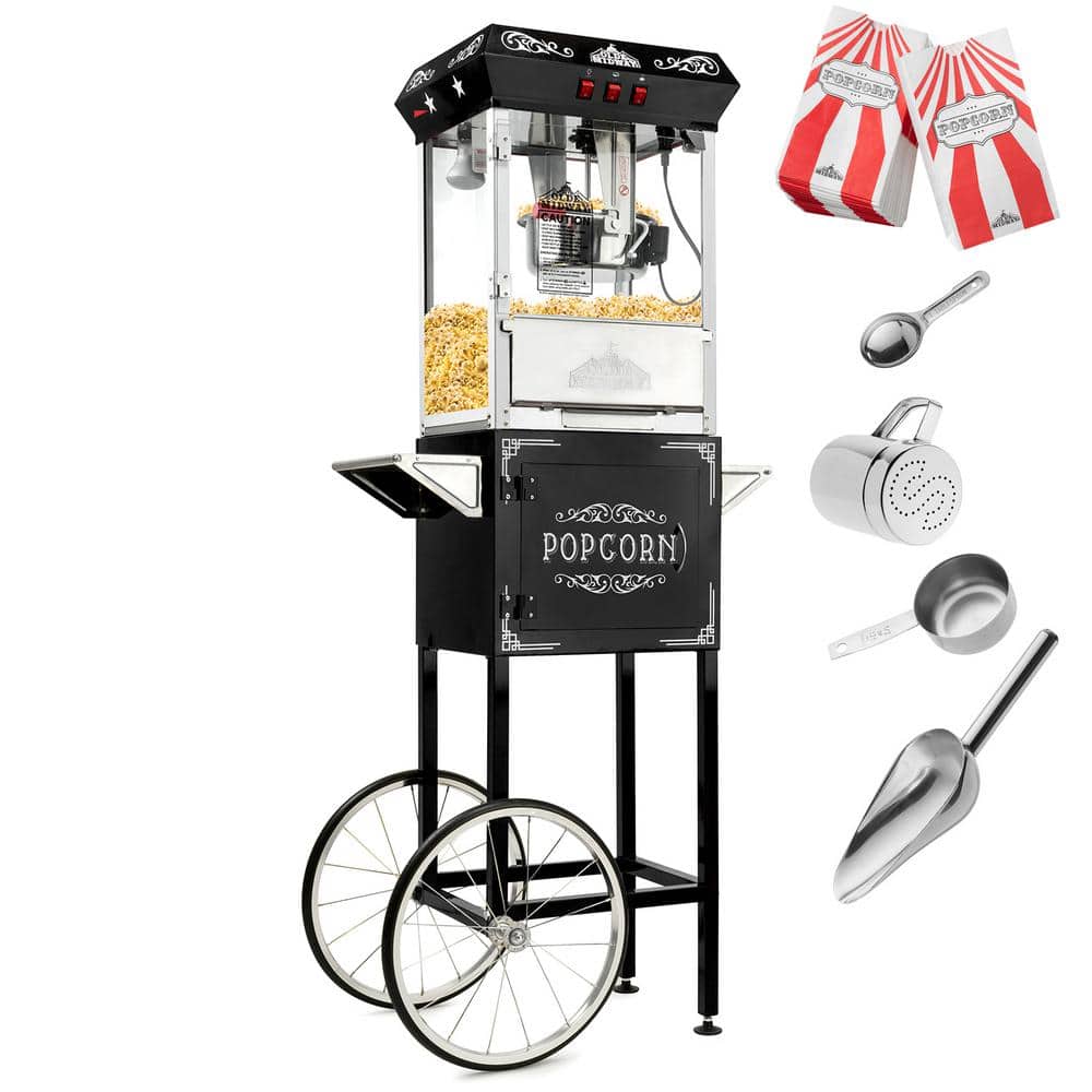 Vintage Black Popcorn Machine with Cart and 10-Ounce Kettle