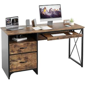 55 in. Rectangular Rustic Brown Office Desk with Storage File Drawers and Keyboard Tray