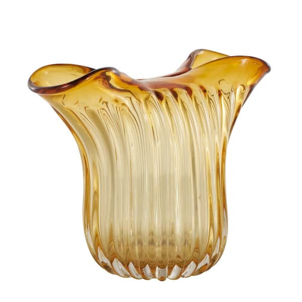 Litton Lane Orange Glass Abstract Ribbed Ombre Decorative Bowl with Folded Curve Opening