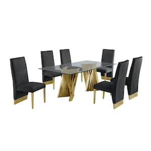 Becky 7-Piece Rectangular Glass Top with Gold Stainless Steel Base Table Set with 6-Black Velvet Chairs