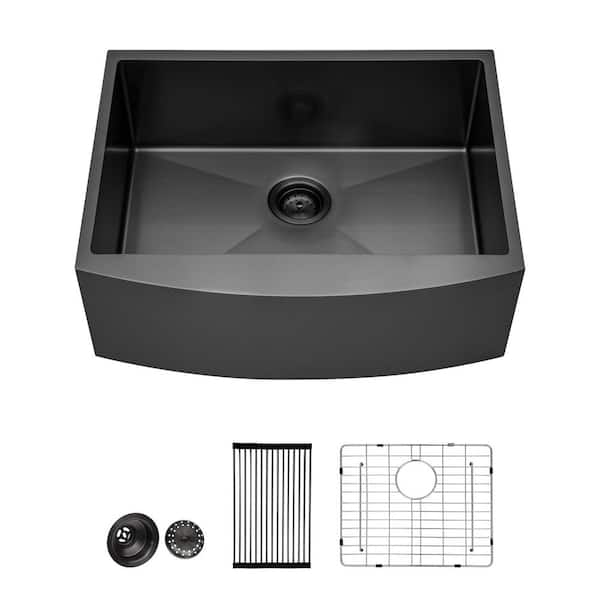 24 in. Farmhouse/Apron-Front Single Bowl 16 Gauge Gunmetal Black Stainless Steel Kitchen Sink with Bottom Grids