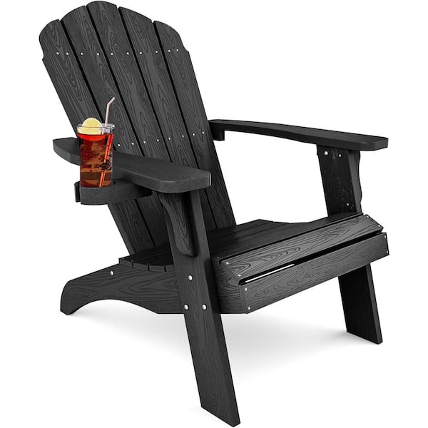Mximu Oversize Black Outdoor Plastic Adirondack Chair with Large Cup Holder