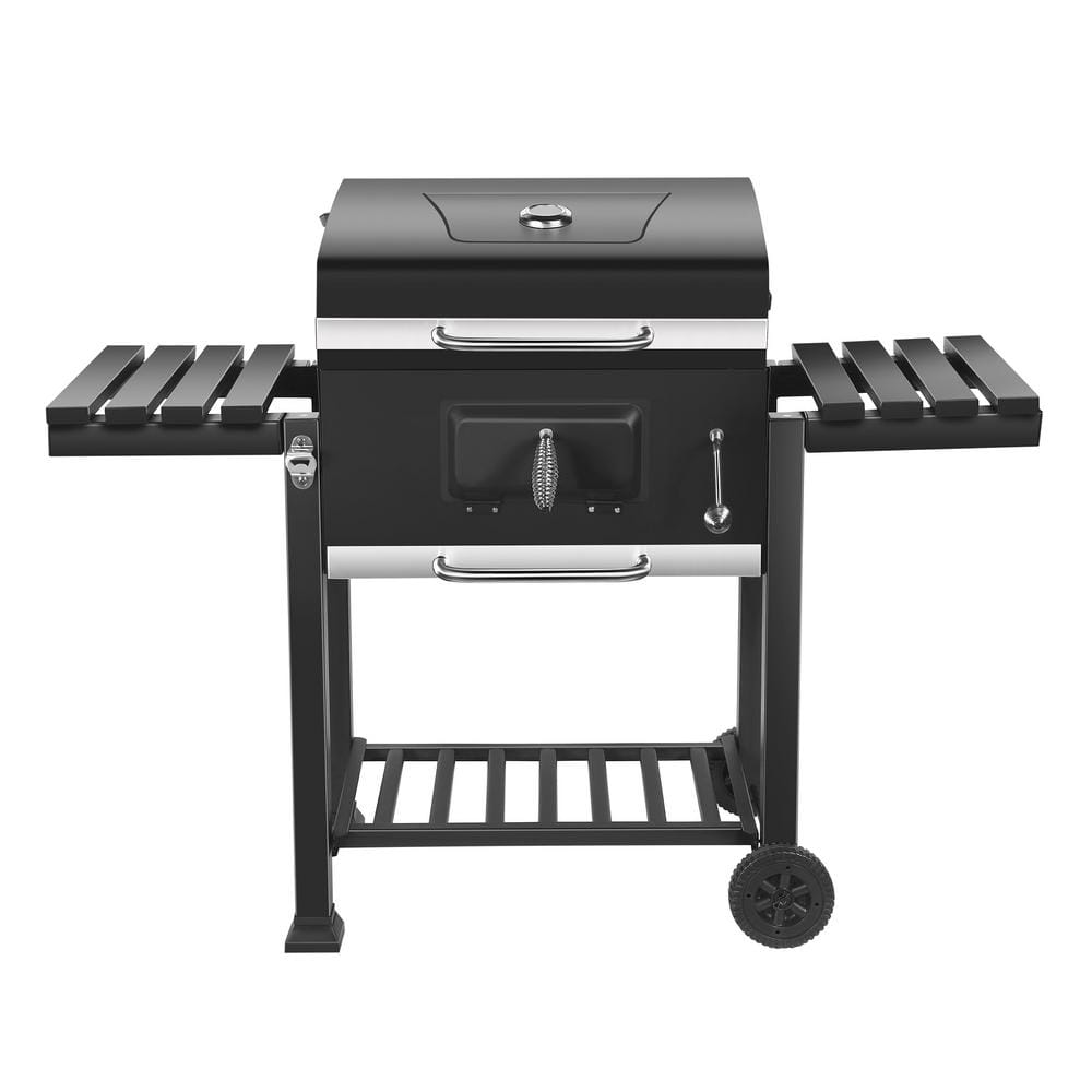 Heavy-Duty Portable Charcoal Grill in Black with Foldable Side Shelves and Cover