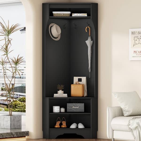 Nestfair Minimalist Black Freestanding Corner Hall Tree with Shoe Bench and 4 Hooks