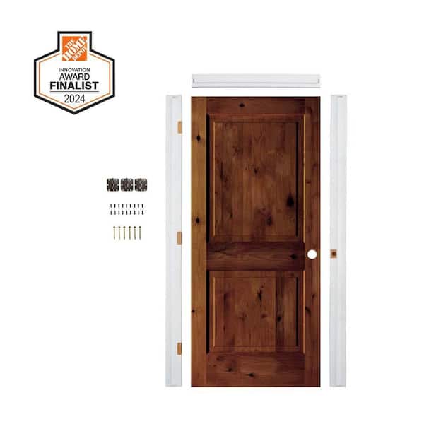 DIY 36in.x80in. Knotty Alder Square Top Left-Hand Red Chestnut Stain Wood Single Interior Door Kit w/Quick Assemble Jamb