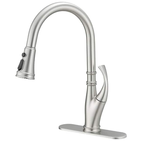 Single-Handle Pull-Down Pull-Out Sprayer 3 Spray High Arc Kitchen Faucet With Deck Plate in Brushed Nickel