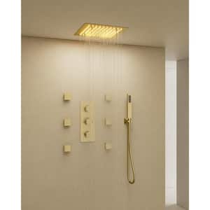 Triple Handle 5-Spray Patterns Shower Faucet 12 in. LED Shower Head 2.5 GPM with 6-Jets in Brushed Gold (Valve Included)