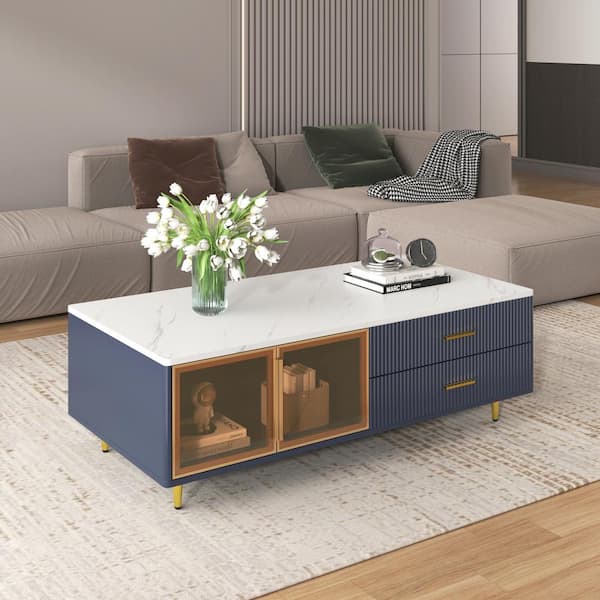 Tenleaf 47.2 in. Modern Blue Rectangle Coffee Table with 2-Glass Door Storage and 4-Drawers