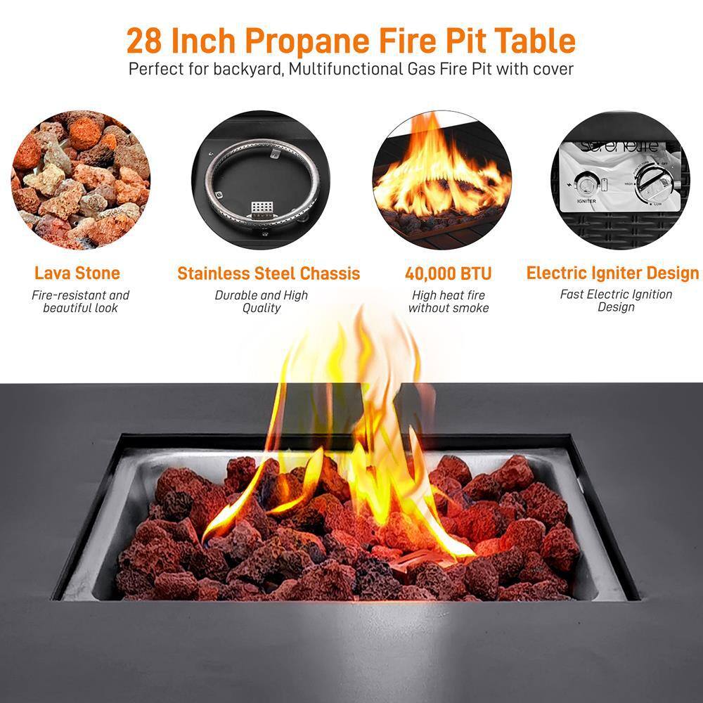 SereneLife 28" Black Propane Gas Fire Pit Table with Cover
