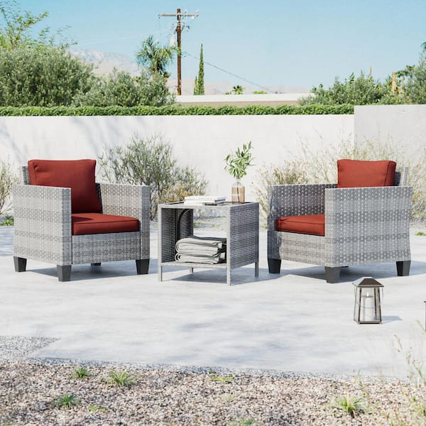3-Piece Gray Wicker Patio Bistro Set Outdoor Single Sofa Set with Side Table for Outdoor Lawn, Rust Red Cushions