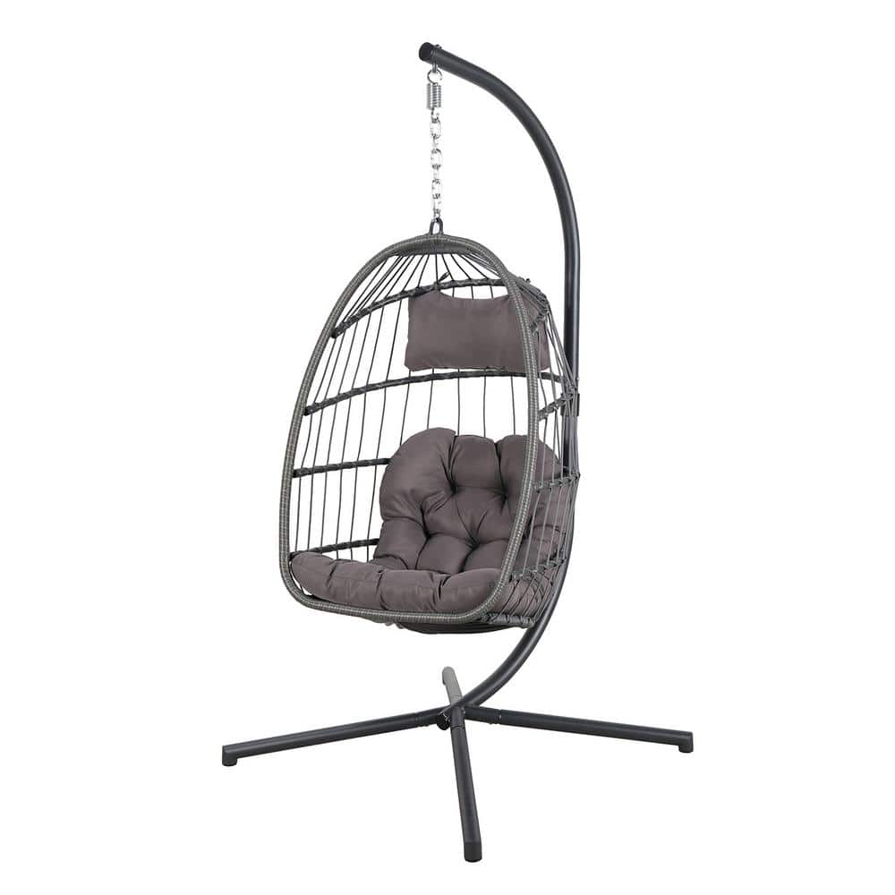 Outdoor Wicker Patio Porch Swing Egg Chair with Stand, Dark Grey Cushion
