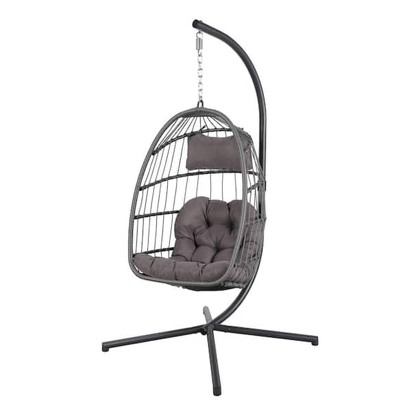 Freestyle Outdoor Wicker Patio Porch Swing Egg Chair with Stand, Dark Grey Cushion