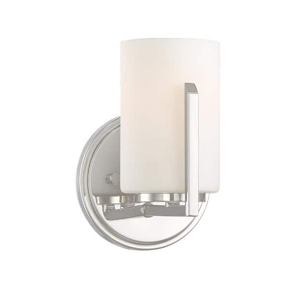 Elara 5.25 in. 1-Light Polished Nickel Modern Wall Sconce with Etched Glass Shade