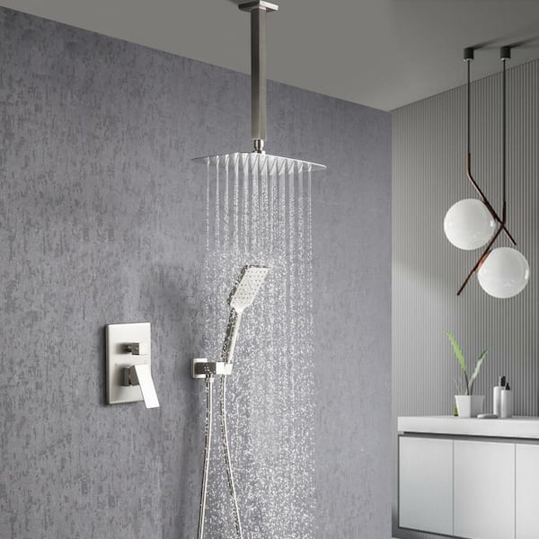 Ceiling Single-Handle 1-Spray Square High Pressure Shower Faucet 12 in. Shower Head in Brushed Nickel (Valve Included)