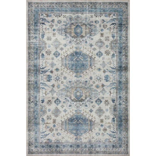 LOLOI II Heidi Ivory/Ocean 7 ft. 6 in. x 7 ft. 6 in. Round Persian Printed Area Rug