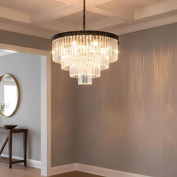 24 in. 12-Light 4-Tier Black Crystal Chandelier, Modern Pendant Ceiling Light for Dining Room, Living Room, Bedroom