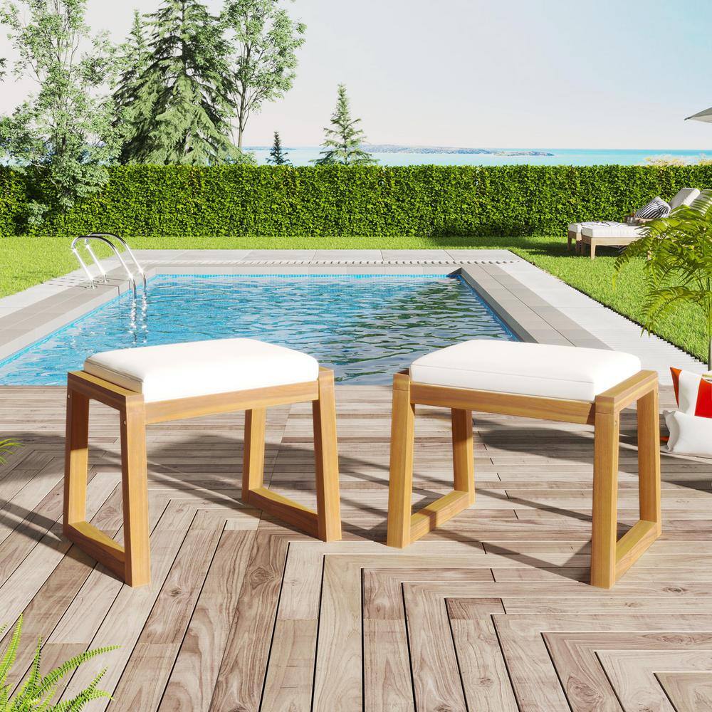 Light Brown Acacia Wood Outdoor Dining Chair with Beige Cushion (Set of 2)