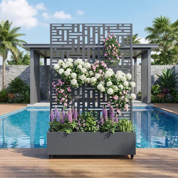 72 in. H x 47 in. W x 16 in. L Metal Dark Grey Rectangle Pots and Planter Raised Box with Trellis