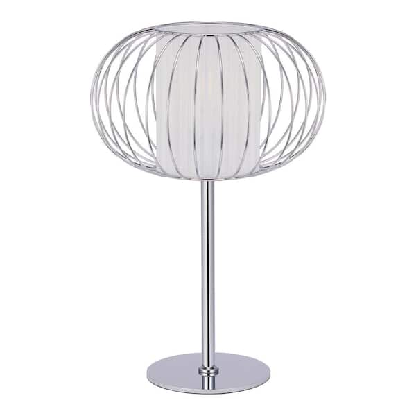 Merra 17 in. Chrome Table Lamp with White Shade and Metal Cage Frame