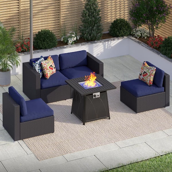 PHI VILLA Dark Brown Rattan Wicker 4 Seat 5-Piece Steel Outdoor Sectional Set with Blue Cushions and Square Fire Pit Table