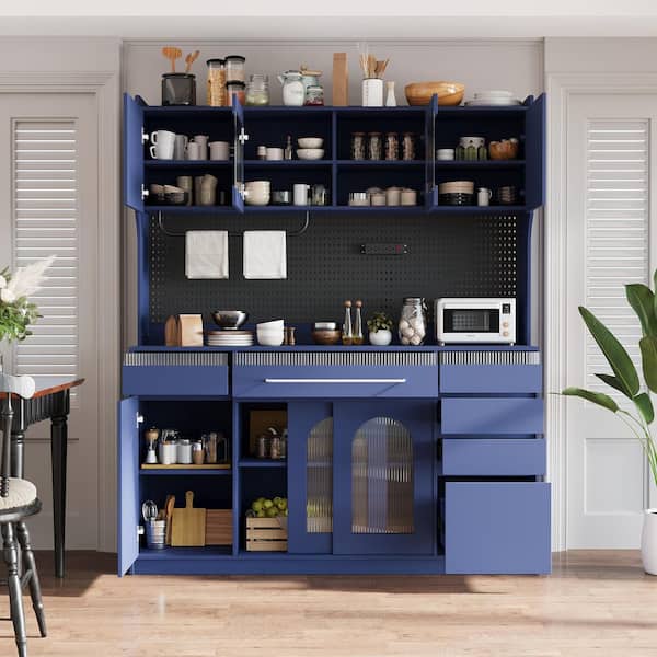 63 in. x 74.8 in. Pantry Cabinet with Hutch, 6-Drawers, Adjustable Shelves, Towel Rack, Power Outlet, Blue