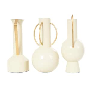 Cream Metal Abstract Decorative Vase with Varying Shapes and Geometric Gold Handles (Set of 3)