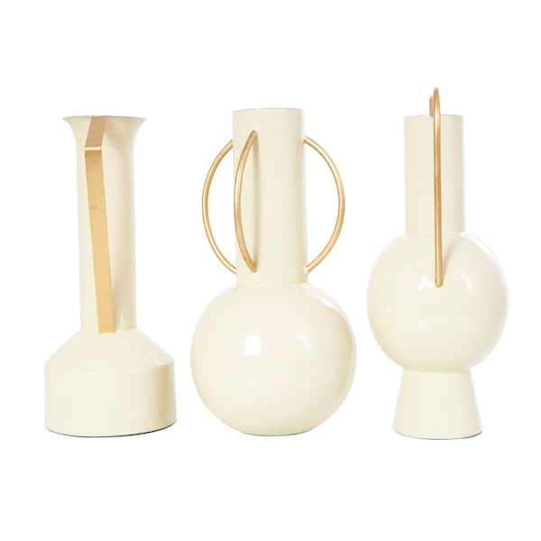 CosmoLiving by Cosmopolitan Cream Metal Abstract Decorative Vase with Varying Shapes and Geometric Gold Handles (Set of 3)