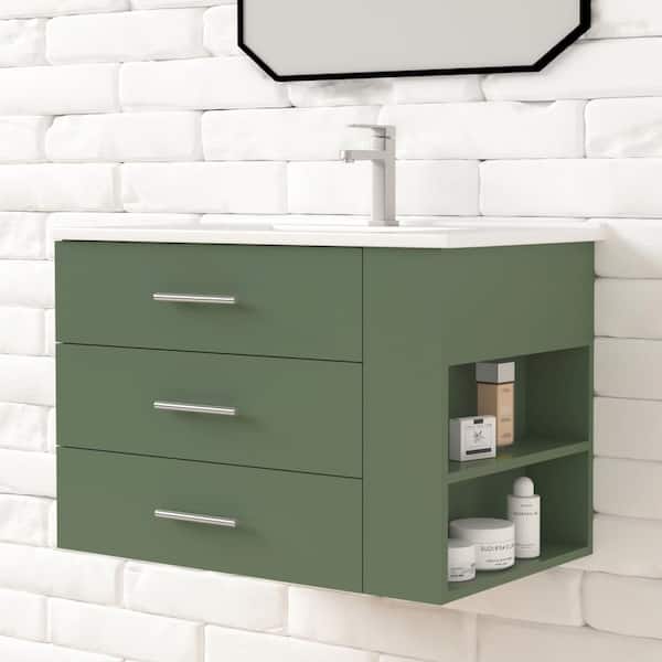 HOMEVY STUDIO Rita 30.25 in. Single Sink Wallmount Bath Vanity with White Ceramic Countertop in Forest Green with Right Side Shelf
