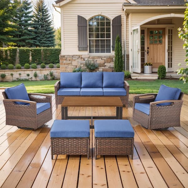 Kelsey Blue 6-Piece Brown Wicker Patio Conversation Seating Sofa Set with Swivel Rocking Chairs and Ottomans