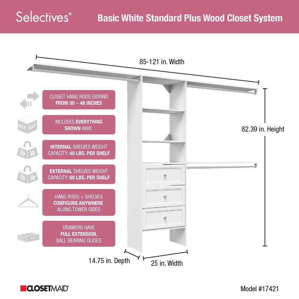 Pure White Adjustable Closet System with Drawers and Shelves