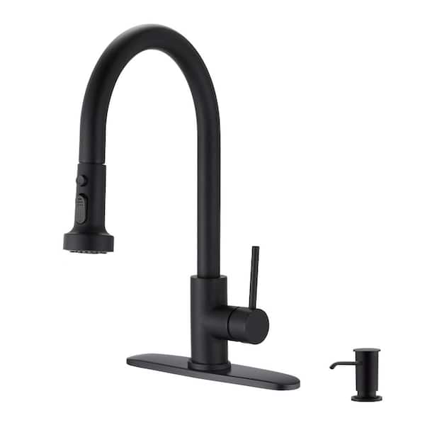 Satico Single Handle Pull Down Sprayer Kitchen Faucet with Soap Dispenser in Matte Black