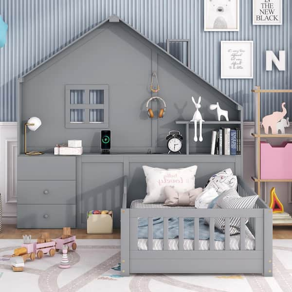 Twin Size House Bed with Storage Shelves and Rails, Wood Kids Montessori  Bed Frame with Window and Light Strip on The Roof