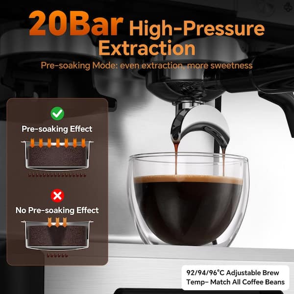 2-Cup Silver Semi-Automatic Espresso Machine with Built-In Grinder, 20-Bar Extraction, NTC Temp Control
