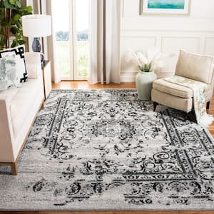 Adirondack Silver/Black 8 ft. x 10 ft. Border Floral Area Rug