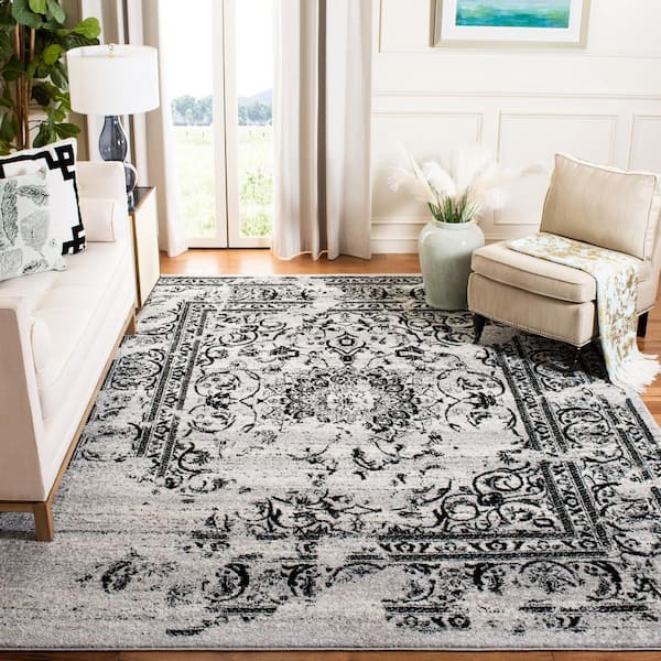 Adirondack Silver/Black 8 ft. x 8 ft. Square Floral Border Area Rug