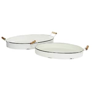 White Metal Decorative Tray with Wood Handles (Set of 2)