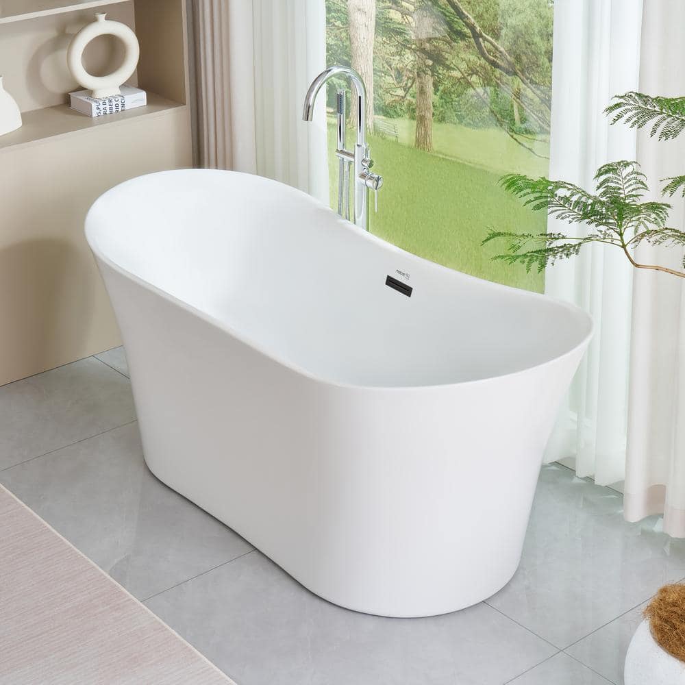 67" White Acrylic Freestanding Soaking Bathtub with Matte Black Trim