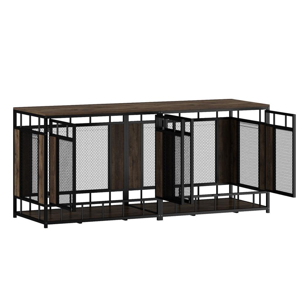 WIAWG Modern Large Double Dog Crate Furniture, Mesh and Wooden Dog Kennel for 2 Medium or Large Dogs, Walnut and Black