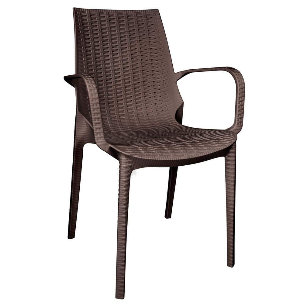 Leisuremod Kent Plastic Outdoor Dining Arm Chair in Brown