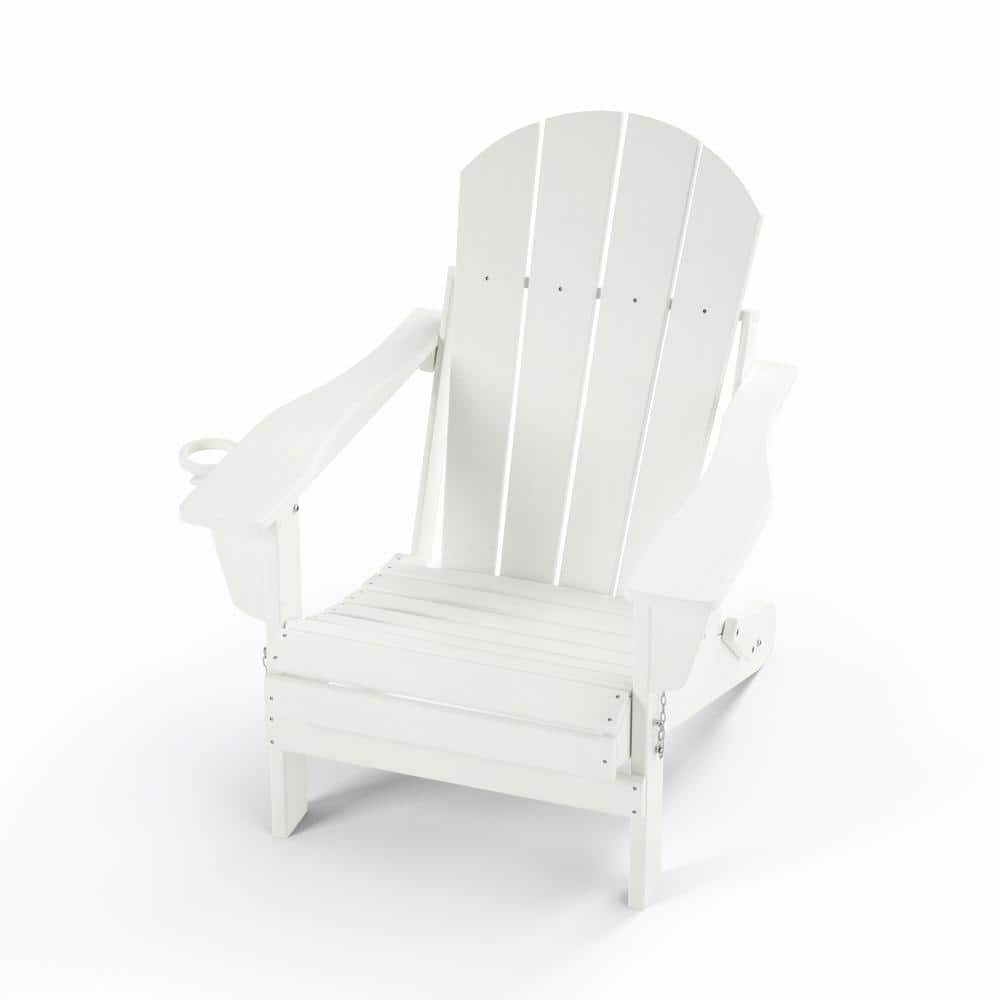 White Folding Adirondack Chair with Cup Holder, All-Weather Proof HDPE Resi