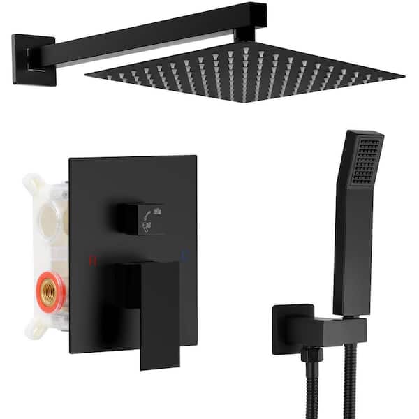 1 Spray Square High Pressure Wall Bar Shower Kits with Valve and Hand Shower Rainfall Shower 1.8 GPM in Matte Black