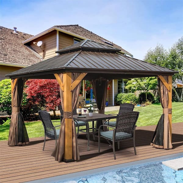 12 ft. x 12 ft. Outdoor Cedar Wood Frame Hardtop Gazebo with Galvanized Steel Double Roof, Curtains and Netting