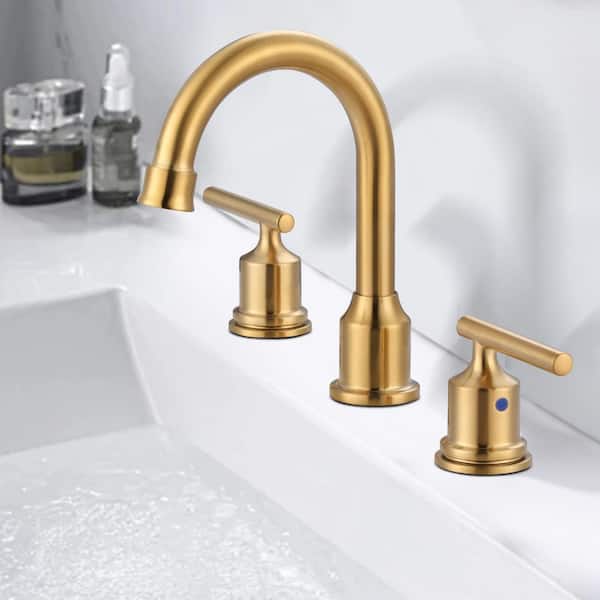 8 in. Widespread 3 Hole Double Handle Bathroom Faucet with Pop-up Drain and cUPC Water Supply Lines in Brushed Gold