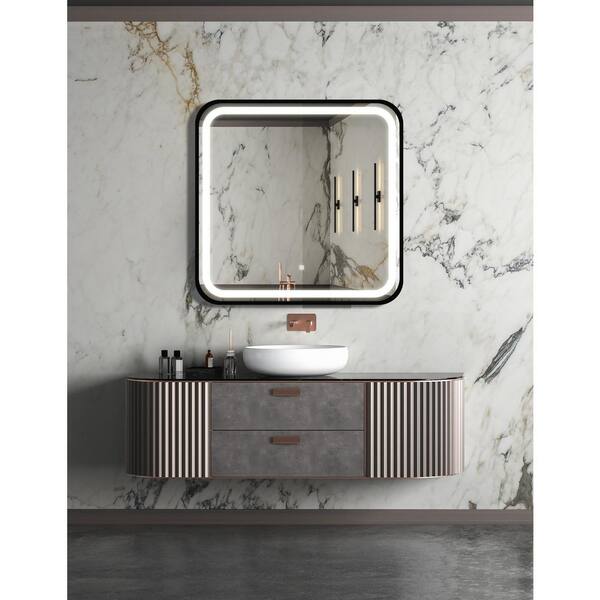 Unbranded 32 in. W x 32 in. H Sq. Metal Framed Anti-Fog Dimmable Wall Bathroom Vanity Mirror in Black