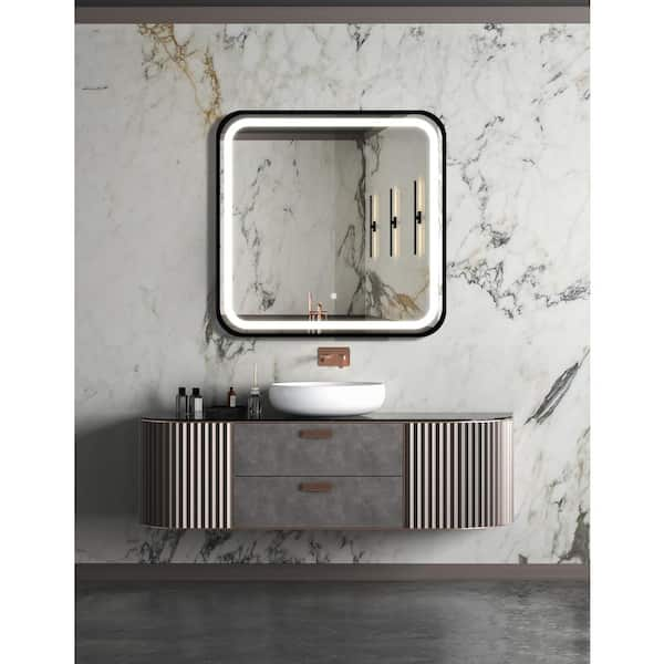 Unbranded 32 in. W x 32 in. H Sq. Metal Framed Anti-Fog Dimmable Wall Bathroom Vanity Mirror in Black