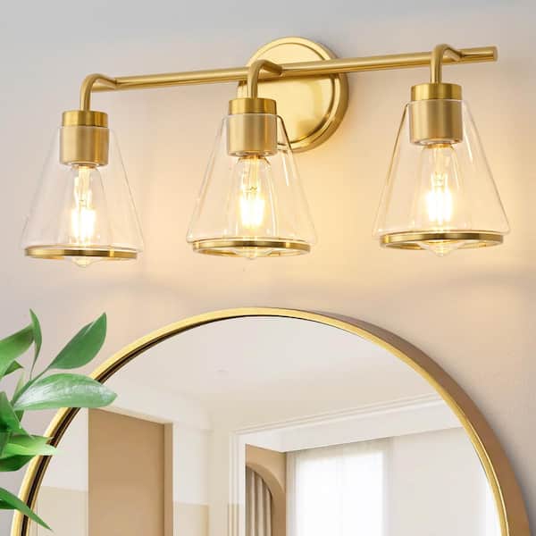 Modern 22.05 in. 3-Light Gold Vanity Light with Glass Shade, Dimmable Sconces Wall Lighting for Bathroom