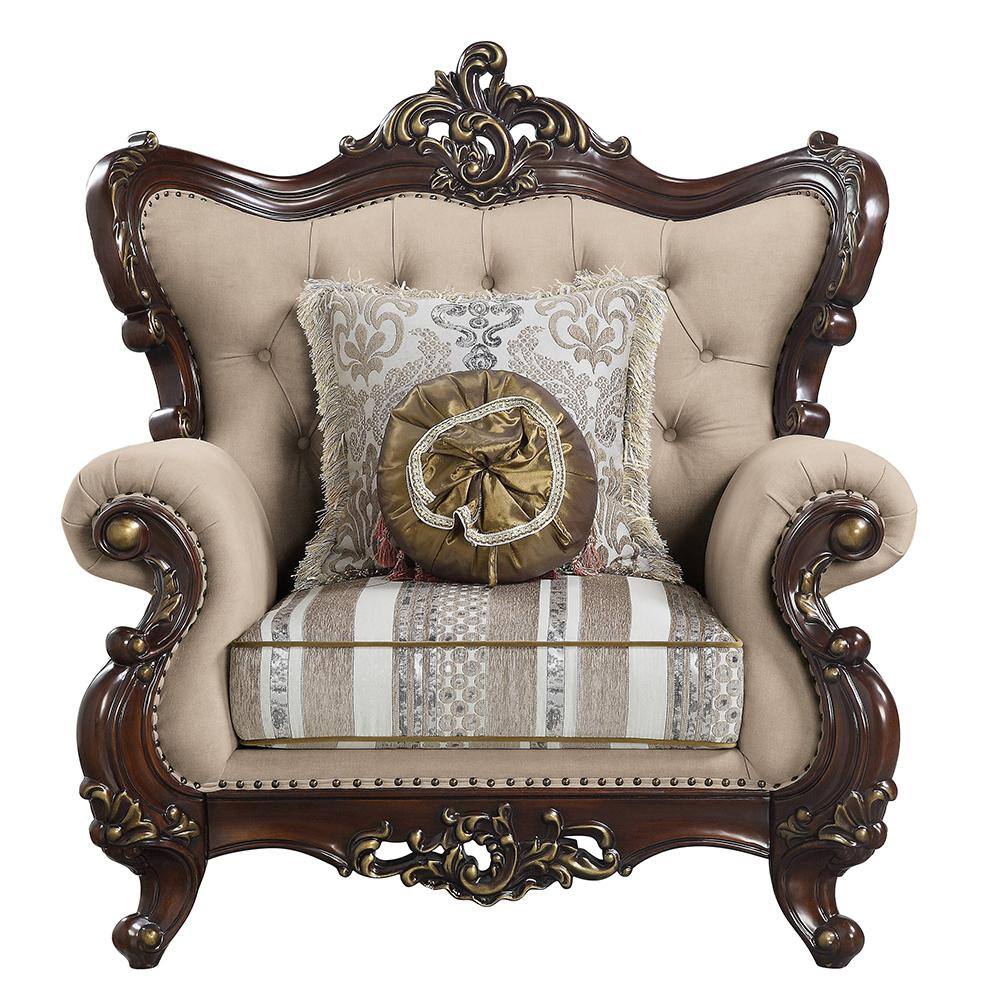 Light Brown Linen and Cherry Wood Floral Accent Chair