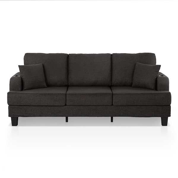 Colby 84.3 in. Track Arm Boucle Fabric Rectangle Small Space Sofa In Dark Gray With USB Ports and Cup Holders