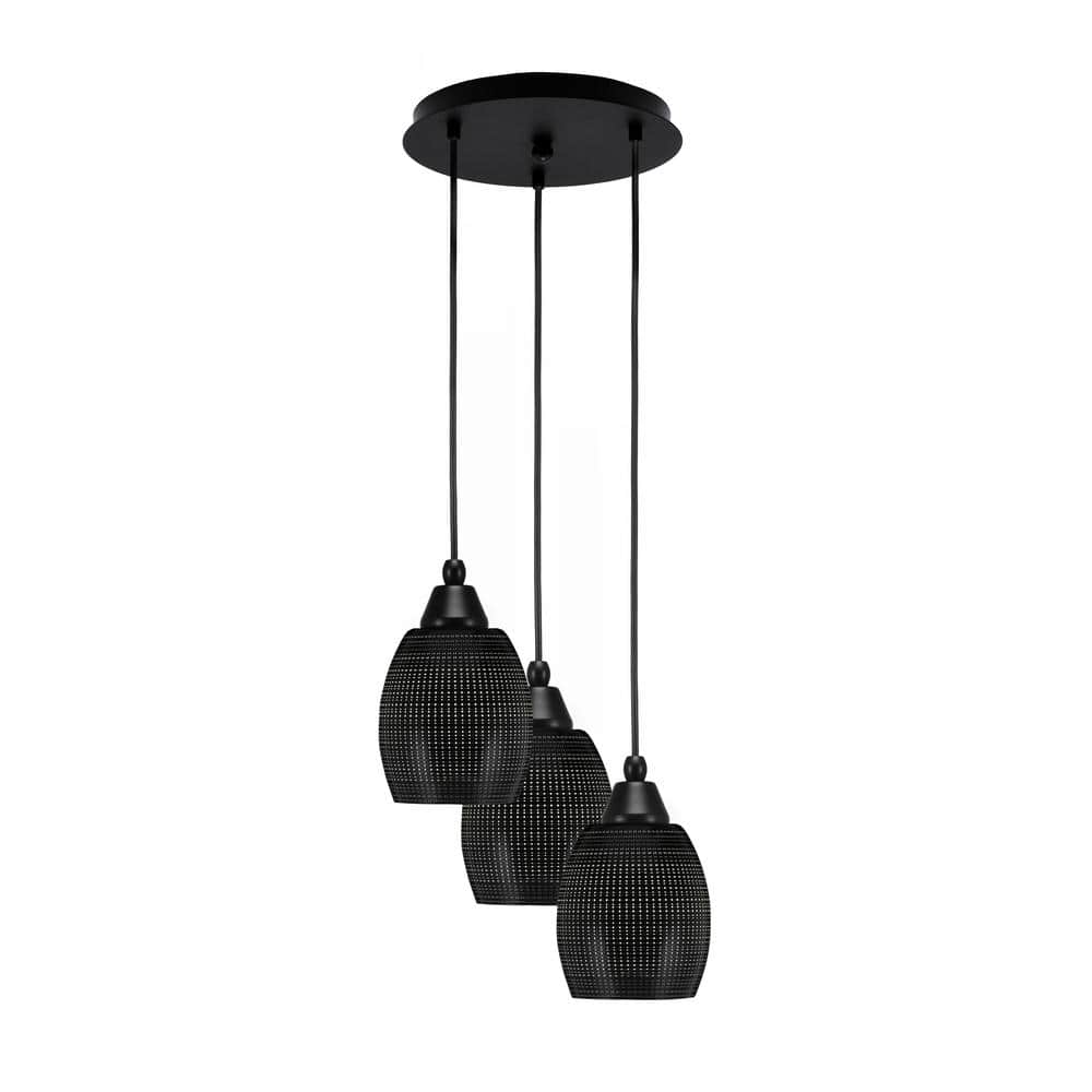 Savannah 9.5 in. 3-Light Matte Black Cord Pendant Light Black Matrix Glass 