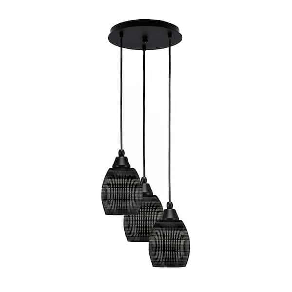 Unbranded Savannah 9.5 in. 3-Light Matte Black Cord Pendant Light Black Matrix Glass Shade